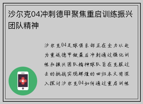 沙尔克04冲刺德甲聚焦重启训练振兴团队精神
