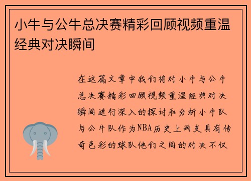 小牛与公牛总决赛精彩回顾视频重温经典对决瞬间