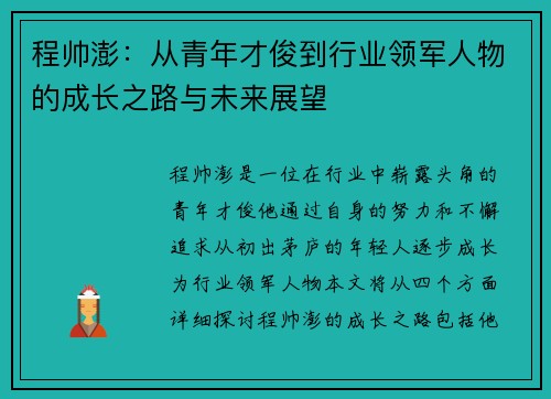 程帅澎：从青年才俊到行业领军人物的成长之路与未来展望