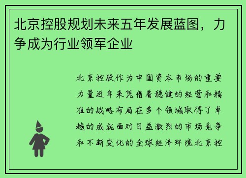 北京控股规划未来五年发展蓝图，力争成为行业领军企业