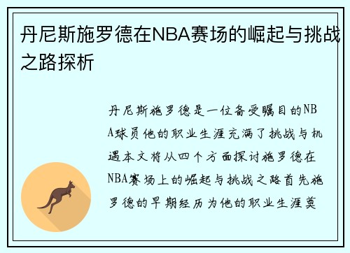 丹尼斯施罗德在NBA赛场的崛起与挑战之路探析