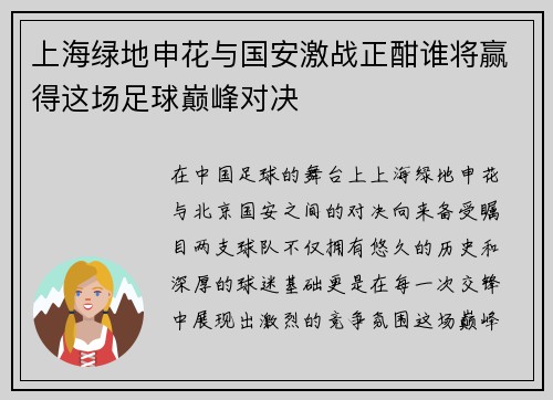 上海绿地申花与国安激战正酣谁将赢得这场足球巅峰对决