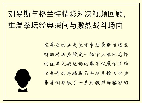 刘易斯与格兰特精彩对决视频回顾，重温拳坛经典瞬间与激烈战斗场面