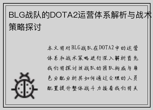 BLG战队的DOTA2运营体系解析与战术策略探讨