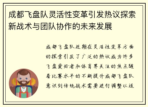 成都飞盘队灵活性变革引发热议探索新战术与团队协作的未来发展