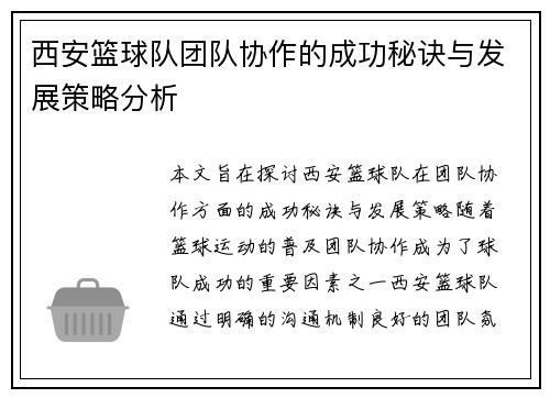西安篮球队团队协作的成功秘诀与发展策略分析
