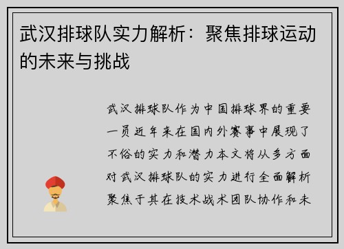 武汉排球队实力解析：聚焦排球运动的未来与挑战